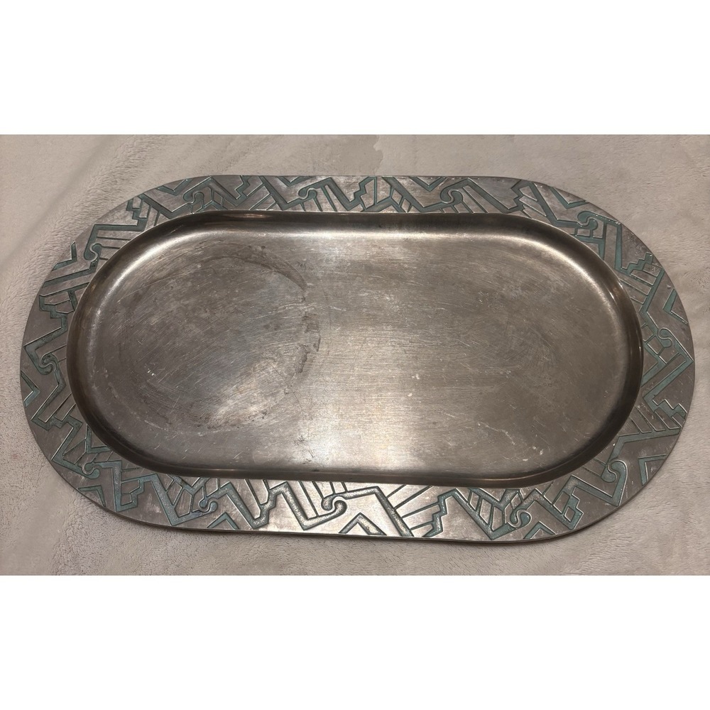 Vintage Mexican Pewter Platter 18.5" Southwestern Turquoise-Style Inlay TrayREAD
